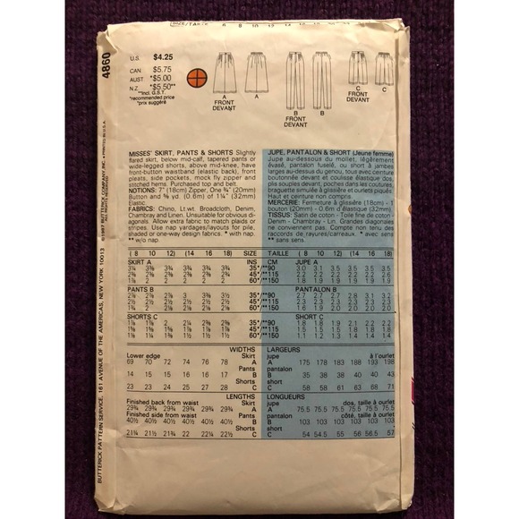 Butterick Pattern 4860 skirt pant capris sz 8 10 12 - Picture 3 of 8